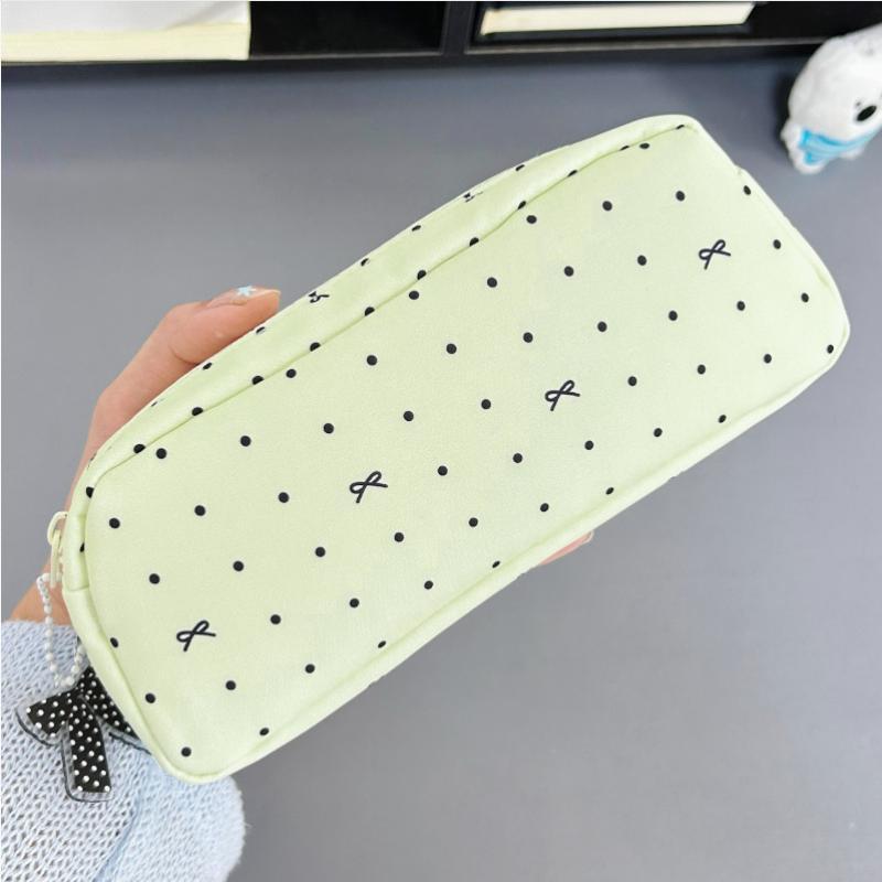 Portable Cute Bow Pencil Case Polka Dot Aesthetic Stationery Pouch for College Students Travel Use