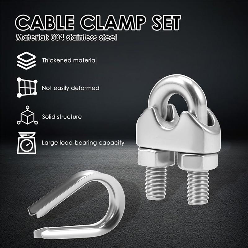 AT19-M6 304 Stainless Steel Wire Rope Clamps 20Pcs U Bolt Saddle Fastener Cable Thimble