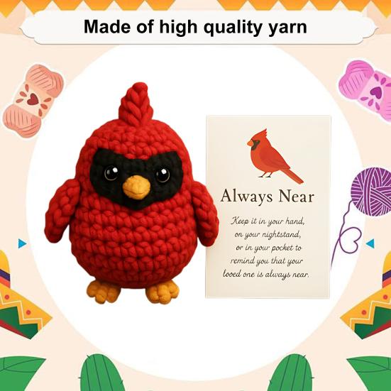 Yousheng Crochet Red Bird Emotional Support Ornament with Inspirational Card Pocket-Sized Hug Companion Positive Bird Gift for Women Loved Ones