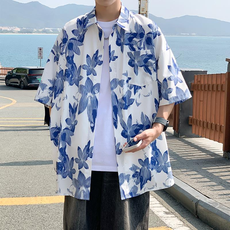 Summer floral short sleeved shirt for men, loose casual beach vacation, couple's shirt