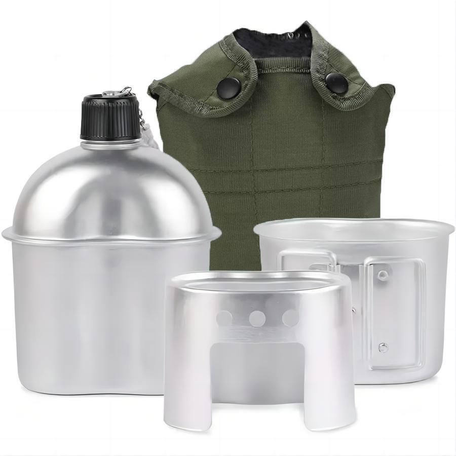 

Aluminum Water Canteen Cup Stove Pouch Set Portable Military Canteen with Cup for Camping Survival Hiking Backpacking срібний