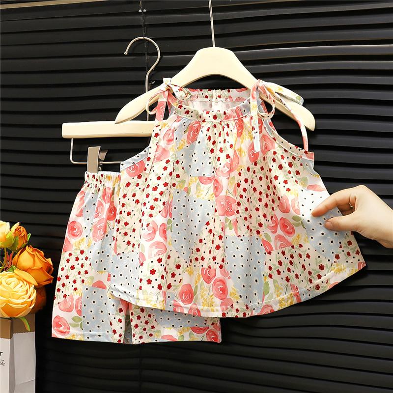 Baby Girls Summer Outfit 2-Piece Set Sleeveless Tie Strap Cami Top + Shorts Cool Comfortable Printed Toddler Clothes
