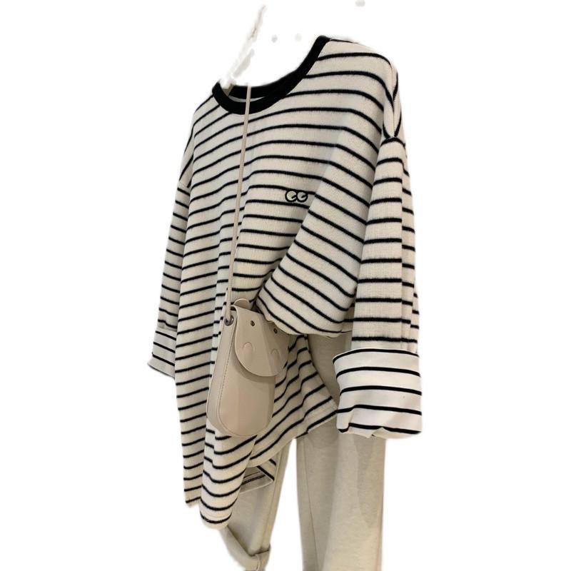 2218 Embroidered Brushed Striped Mid-Length T-Shirt - Early Spring 2023 Edition for Women
