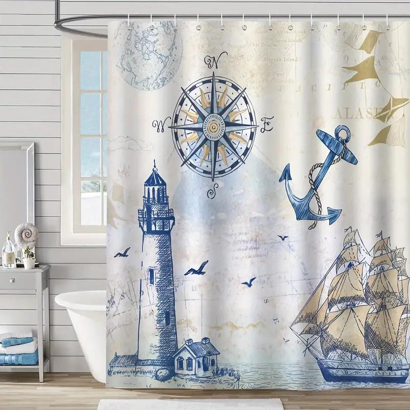 Coastal Lighthouse Shower Curtain, Beach Theme Shower Curtain with Blue Wooden Boats and Seagulls, Bathroom Decor with Hooks