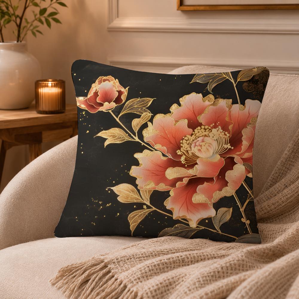 Peony Cushion Cover Anti-dustmite Pillowcase Invisible Zipper Silky Short Plush Sofa Cushion Cover