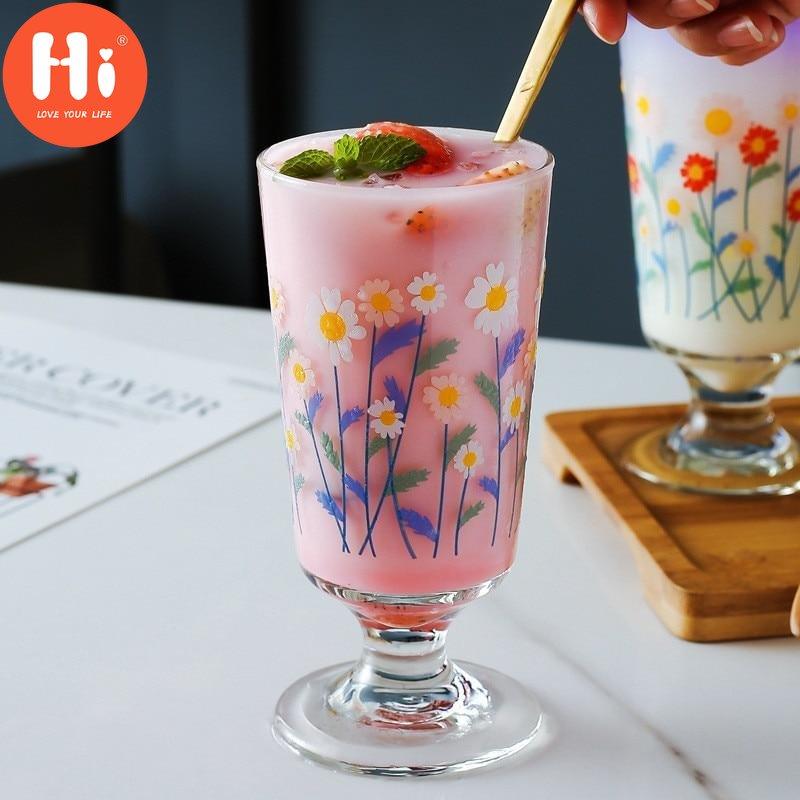 Hi Glass Cup Lovely Ručně malované Flowers Goblet Ice Cream Cup 280ml