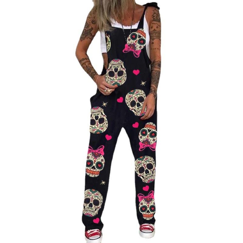 Mono Estampado Calavera Crisantemo Babero Pantalones Pantalones Largos