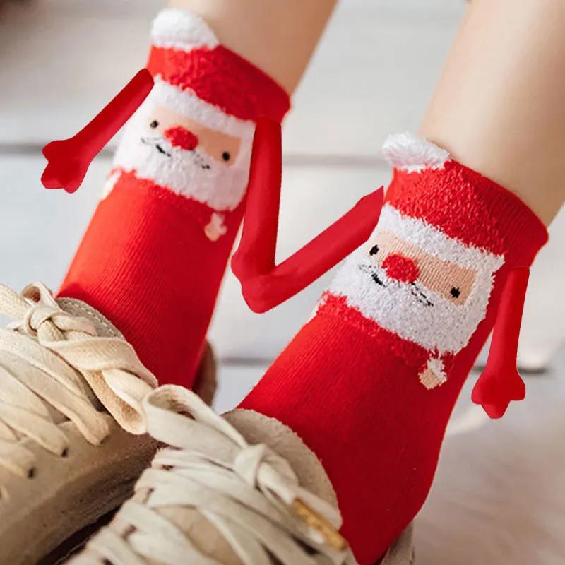 New Year Cartoon Christmas Magnetic Hand-Holding Socks Funny Elk Snowman Santa Socks Woman  Socks Kids Christmas Gift Socks