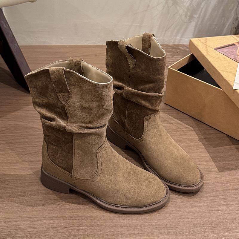 Retro Pleated Pile Boots Women's Thick Heel Short Boots 2025 New Autumn Martin Thin Boots V-mouth Thin Knight Boots