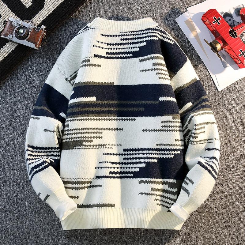 Men's Autumn Winter Sweater Round Neck Long Sleeve Thread Contrasting Color Bottoming Shirt Top