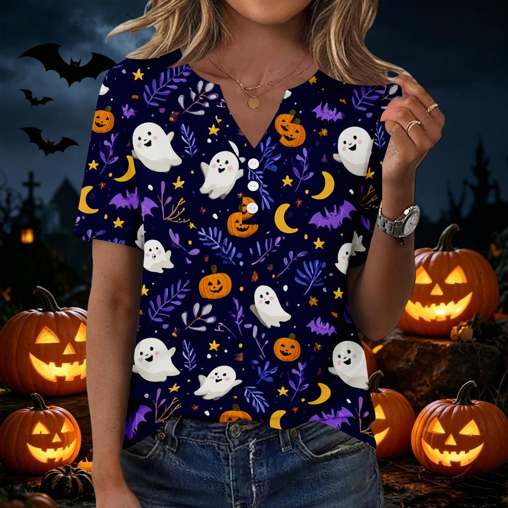 Women's Casual Halloween Print V Neck Short Sleeve Button Front Top Lightweight Comfortable Fit