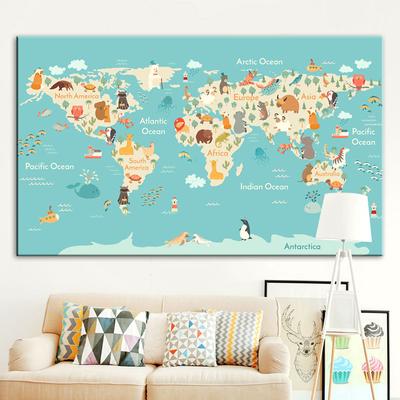 Cartoon Ocean Animal World Map Wall Art Canvas Painting Nordic Posters And Prints Nursery Wall Pictures For Kids Room Decoration