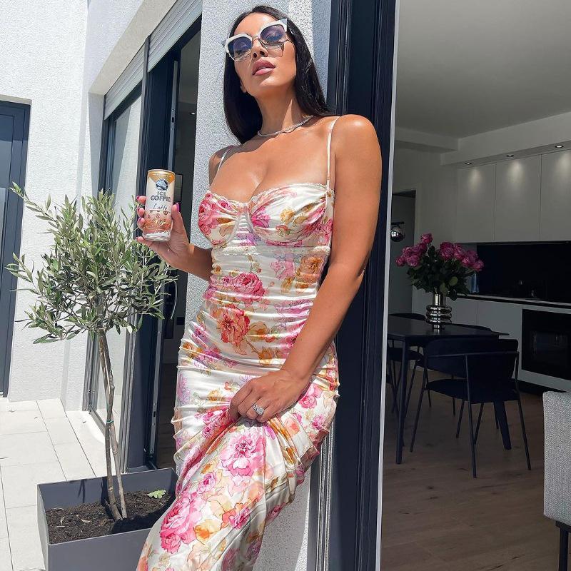 2024 Summer European & American Style Women's Printed Slim Backless Dress