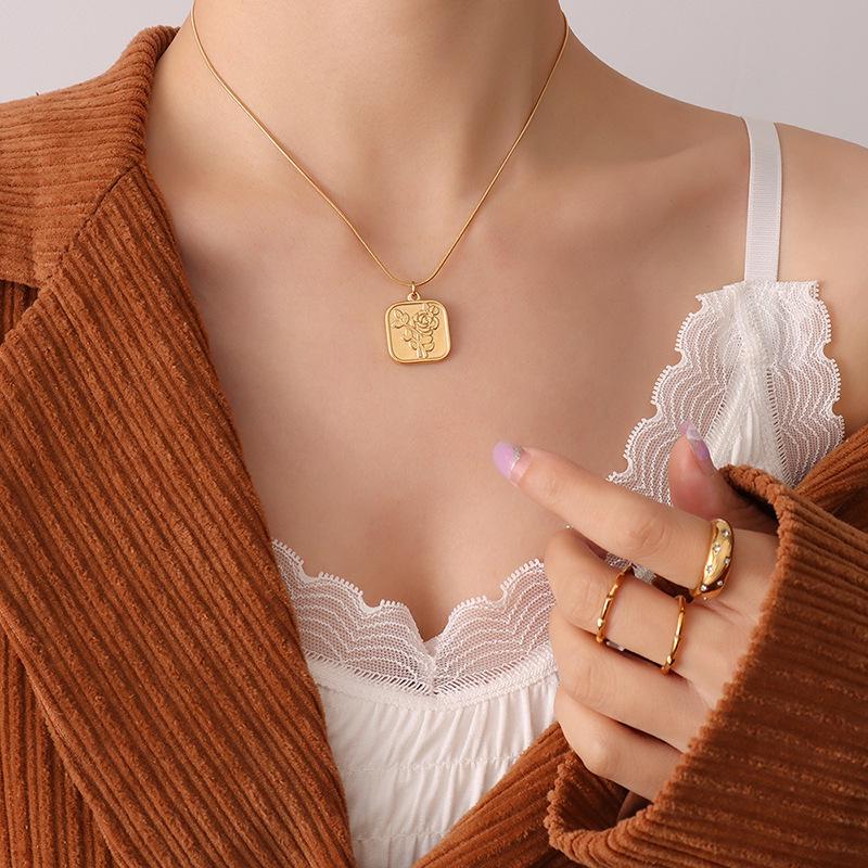 French Retro Rose Pendant Necklace - Gold Plated Stainless Steel Square Design with Clavicle Chain
