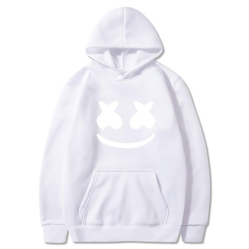 Mens Marshmello Smiley Face Hooded Sweatshirt Loose Fit Cotton Blend Winter Pullover