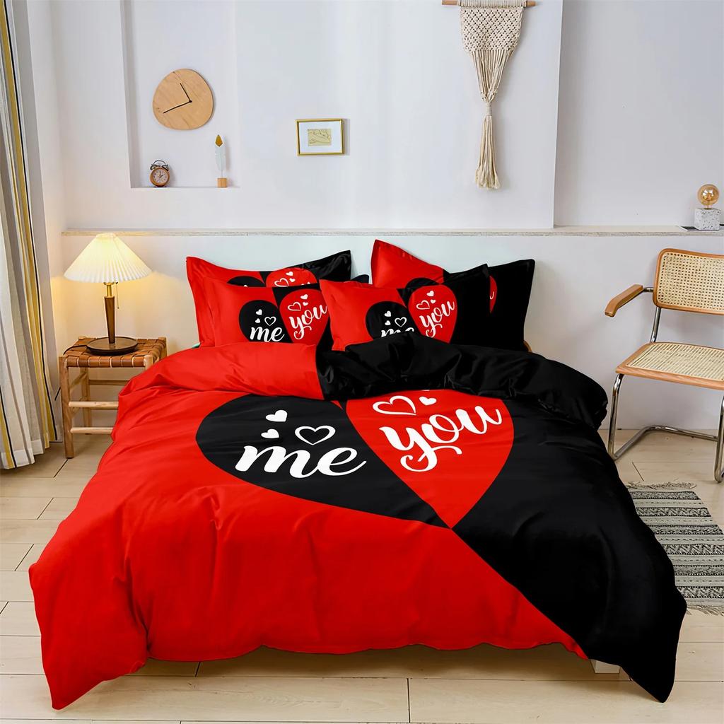 Romantic Love Letter Red Rose Flower Pattern Bedding Set Included 2/3Pcs Duvet Cover Pillowcases For Home Dorm Hotel Decor