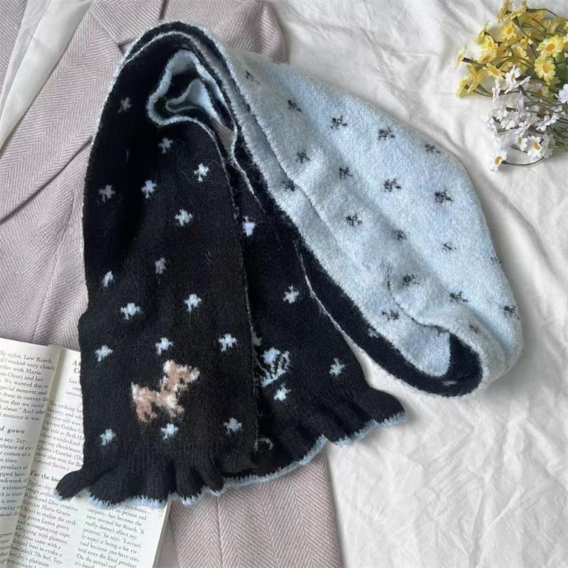 Ladies' Scarves Korean Cartoon Deer Floral Kawaii Sweet Versatile Cute Scarfs Thicked Warm High-Quality Cashmere Knitted Scarfs