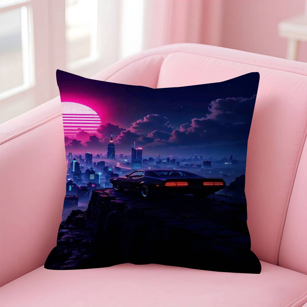 Neon Night City Landscape 80S Cyberpunk Car Cushion Cover 30X50 Polyester Sofa Cushions Throw Pillow Home Decoration Pillowcover