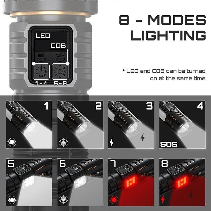 Dual Light Source Flashlight 7200mAh Rechargeable Battery Zoomable Focus Chip 8 Modes Digital Display Outdoor Camping Hikin