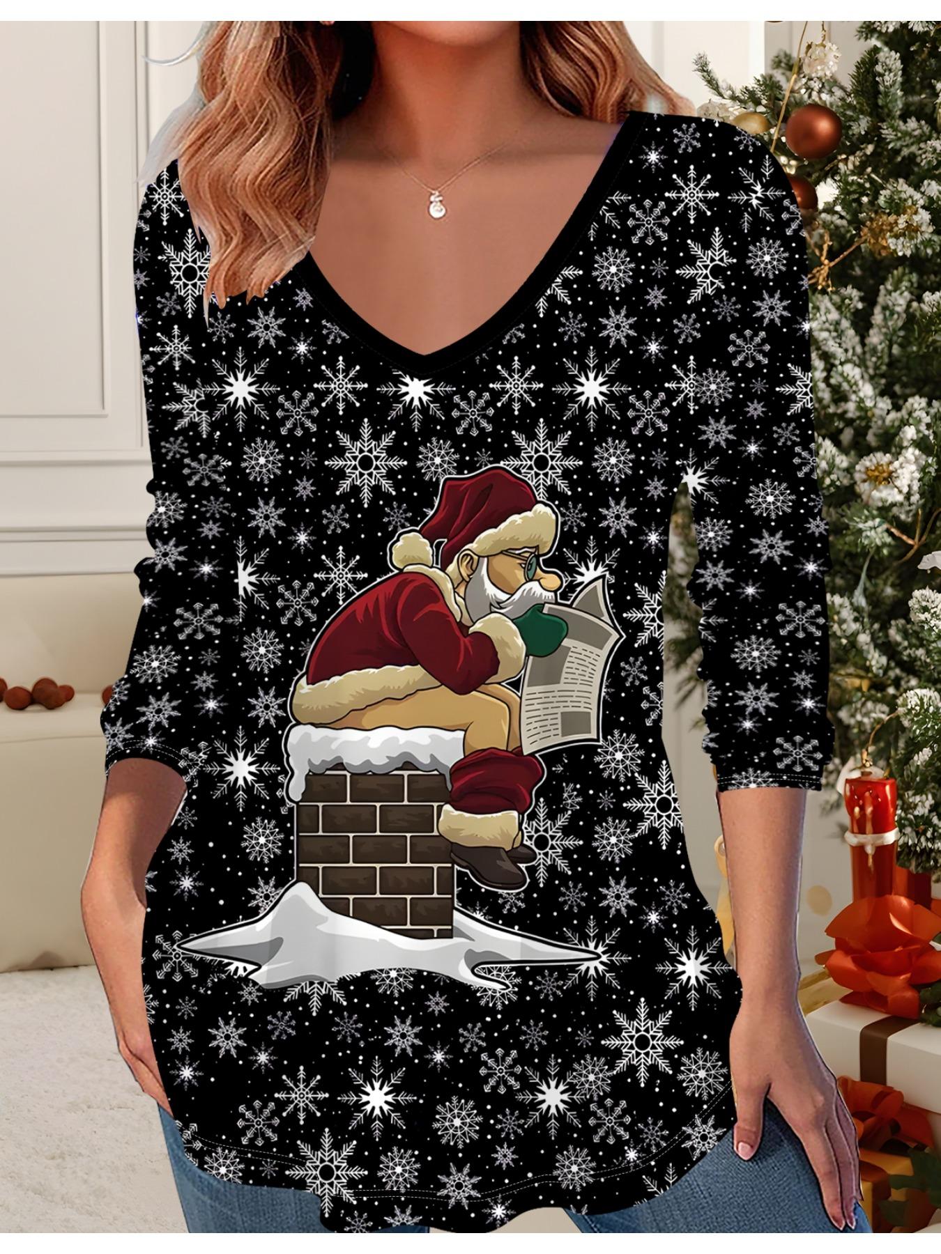 

3D Рождественская Принтованная Модная Повседневная Женская Футболка с V-образным вырезом и длинным рукавом - Одежда для новогодней вечеринки, Праздничный подарок 6XL серый