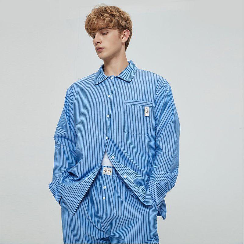 Classic Blue and White Stripes Cotton Women's Long-Sleeved Shorts Pajamas