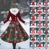 Women's Casual Dress Long-Sleeve V-Neck Patchwork Fleece Christmas Print Dress