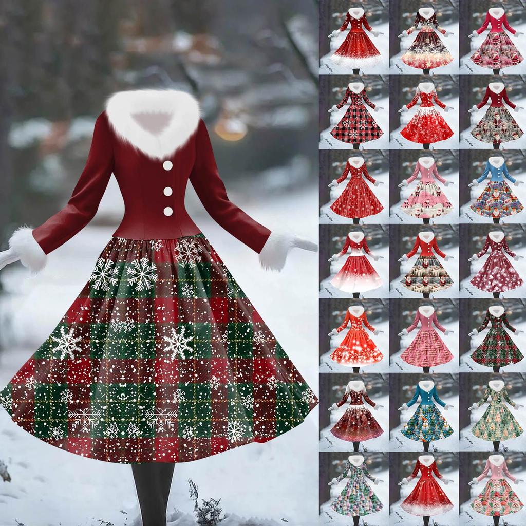Women's Casual Dress Long-Sleeve V-Neck Patchwork Fleece Christmas Print Dress