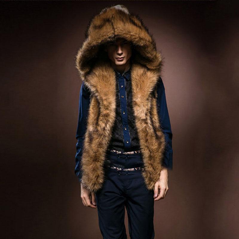Men Faux Fur Coat Casual Vest Jacket Thick Warm Coats Sleeveless Hooded Outerwear Short Jackets Slim Fit Winter 2023