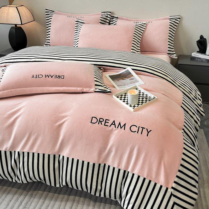 Luxurious Embroidered Milk Velvet 4-Piece Bedding Set - Winter Double-Sided Flannel with Thick Duvet and Coral Fleece Sheets