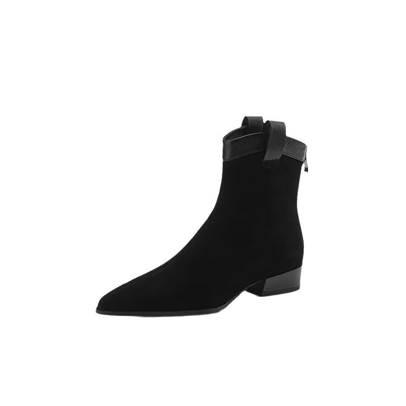 Foreign trade new French retro matte leather pointed temperament thick heel short boots women's autumn and winter low heel ankle bare boots short bo