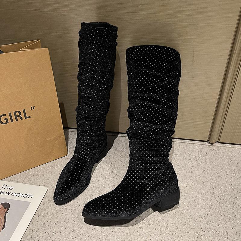 

Роскошные женские замшевые высокие сапоги с леопардовым принтом и кристаллами, новые модные туфли на среднем каблуке с острым носком 2025 года, модные туфли до колена Chelsea Botas Mujer 40 чёрный