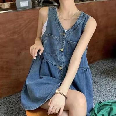 Ärmelloses Trägerkleid Damen Sommer Einreihige Taschen Jeanskleider Frau Koreanischer Stil Lose A-Linie Minikleid