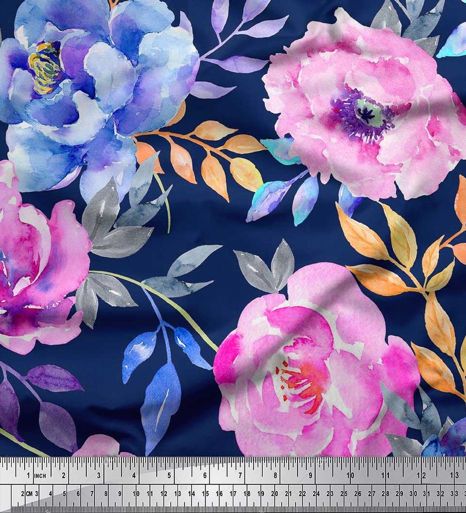 Soimoi Japan Crepe Satin Fabric Leaves & Peony Flower Print Fabric by the Metre 42 Inch