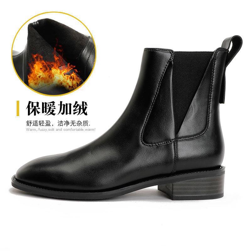 French Square Head Small Short Boots Thick Heel Elastic Boots 2025 New Autumn and Winter Low Heel Leather Boots Brown Thin Medium Boots