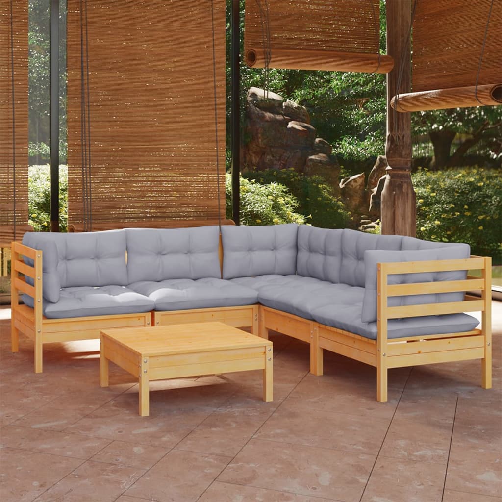 Vidaxl 6-Cz. Garden Lounge Set, Grey Cushions, Pine