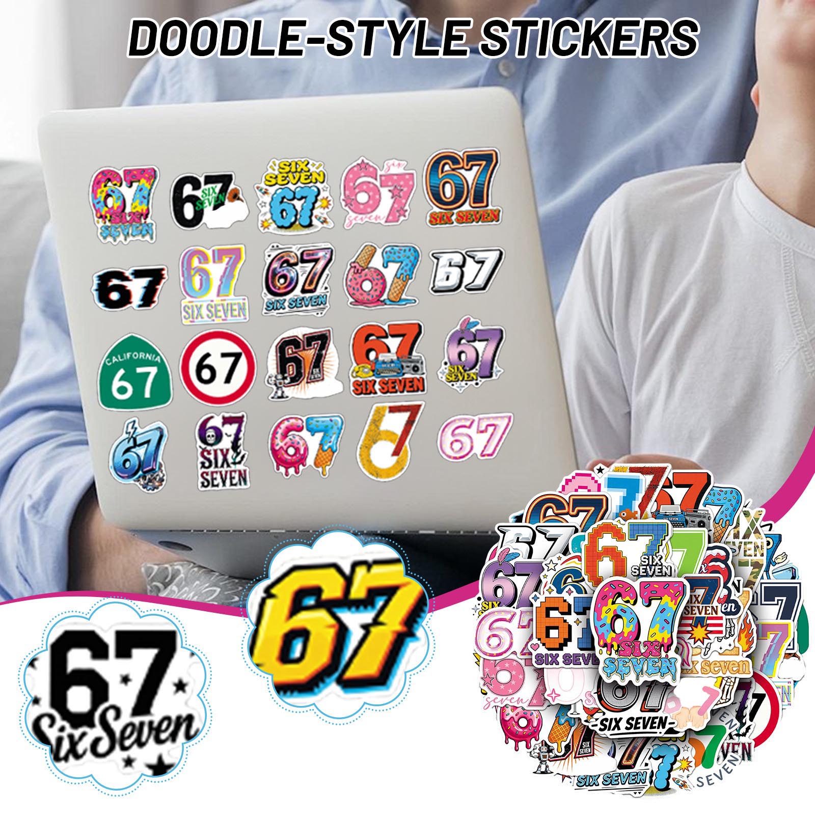 

50 Number Stickers, Doodle Stickers, Suitable For Laptops, Mobile Phones, Notebooks, And Water Bottles. One Size