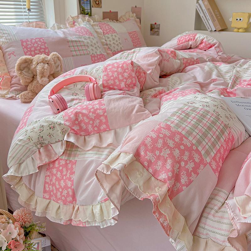 Washed Cotton Double Gauze Bedding Set Floral Ruffle Bed Sheets Bedroom