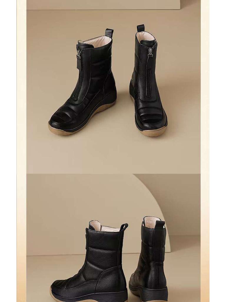 Damskie ocieplane polarem śniegowce z prawdziwej skóry, antypoślizgowy koturn, gruba podeszwa, kaszmirowe botki - Jesień/Zima 2025.