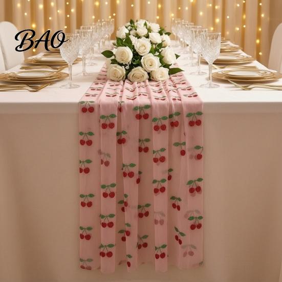 Tulle Table Decor Sheer Runner, Strawberry Cherry Lemon Pattern, Summer Party Setting Overlay, Seasonal Fruit Runner for Birthday Wedding Overlay