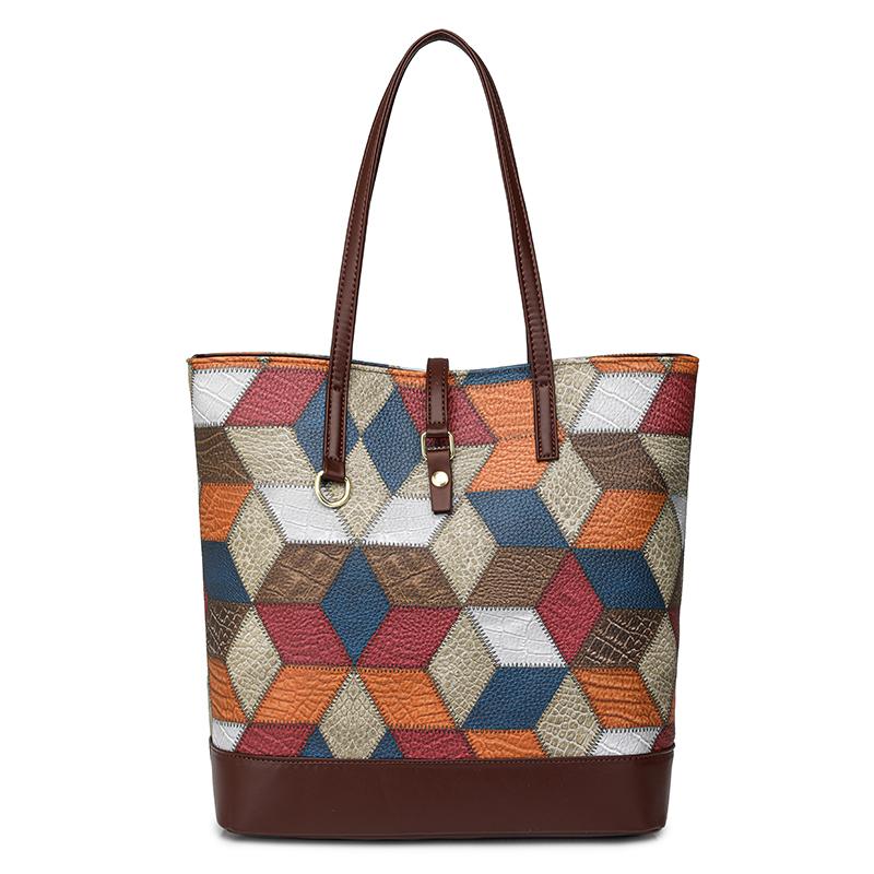 Vintage Velkokapacitní Tote Bag Color Block Dámská taška přes rameno Patchworková kabelka