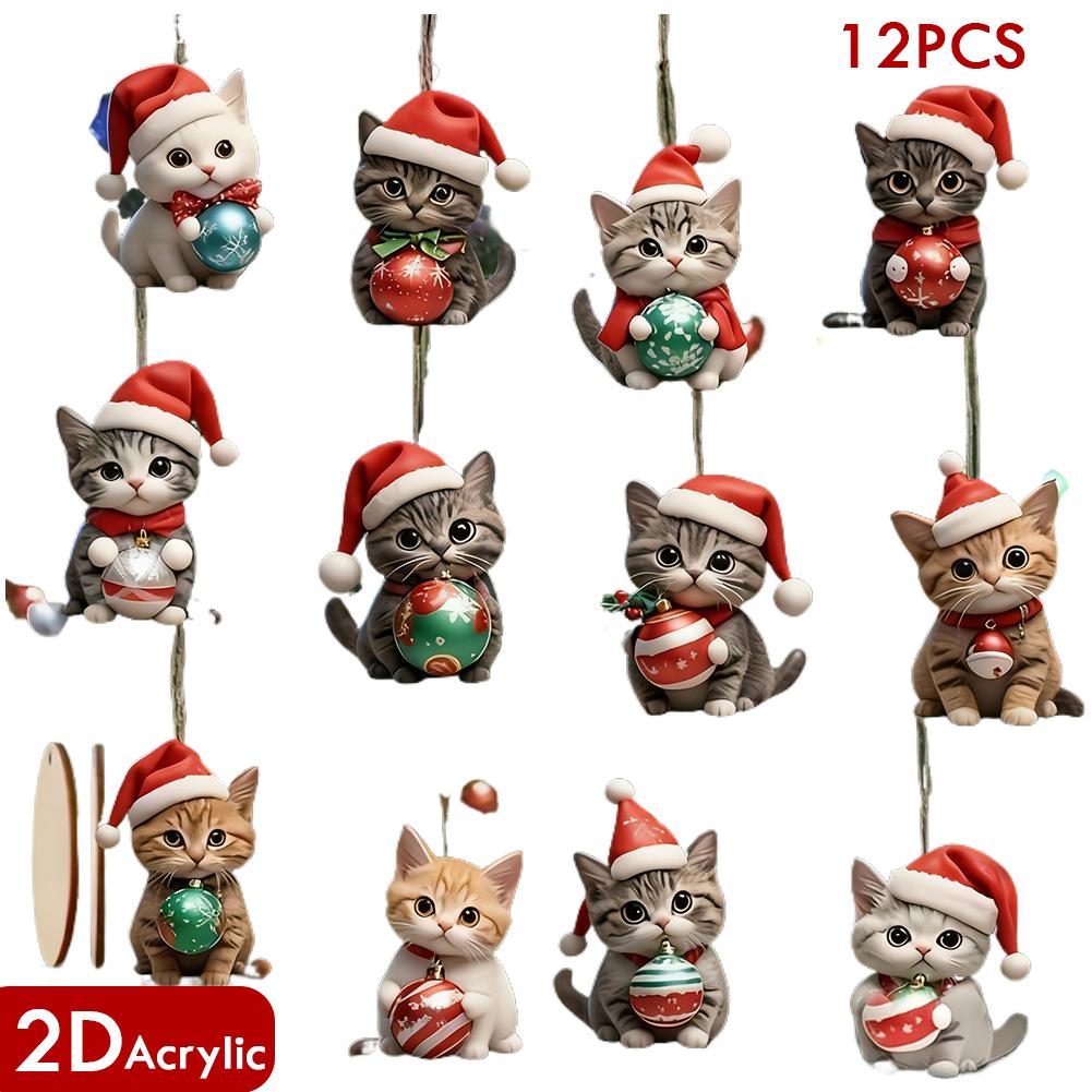 12Pcs Christmas Cat 2D Acrylic Decoration Set Christmas Tree Holiday Party Outdoor Hanging Decoration Unique Creative Gifts 7