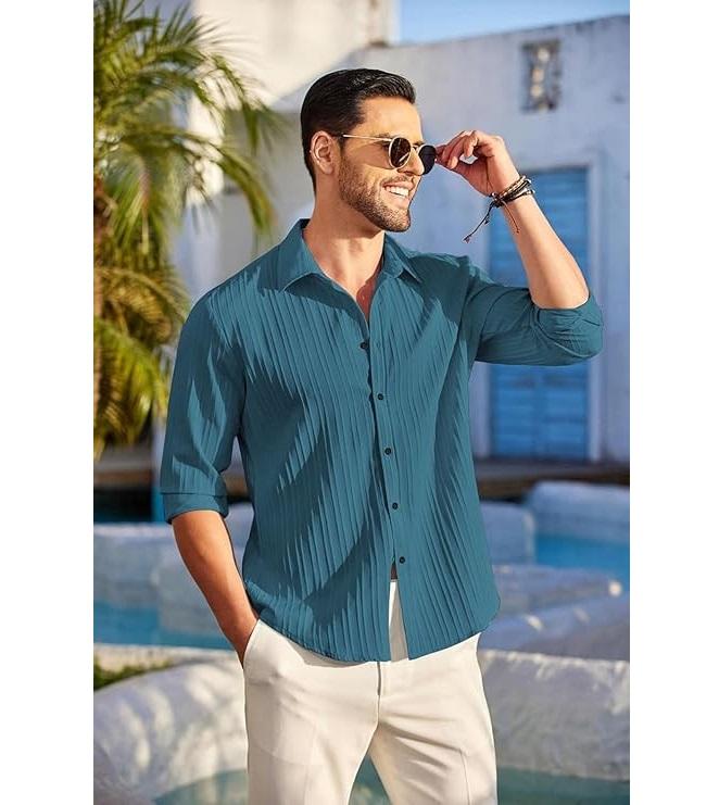 Men's Casual Button Down Shirts Long Sleeve Linen Shirt Fashion Textured Beach Summer Shirt