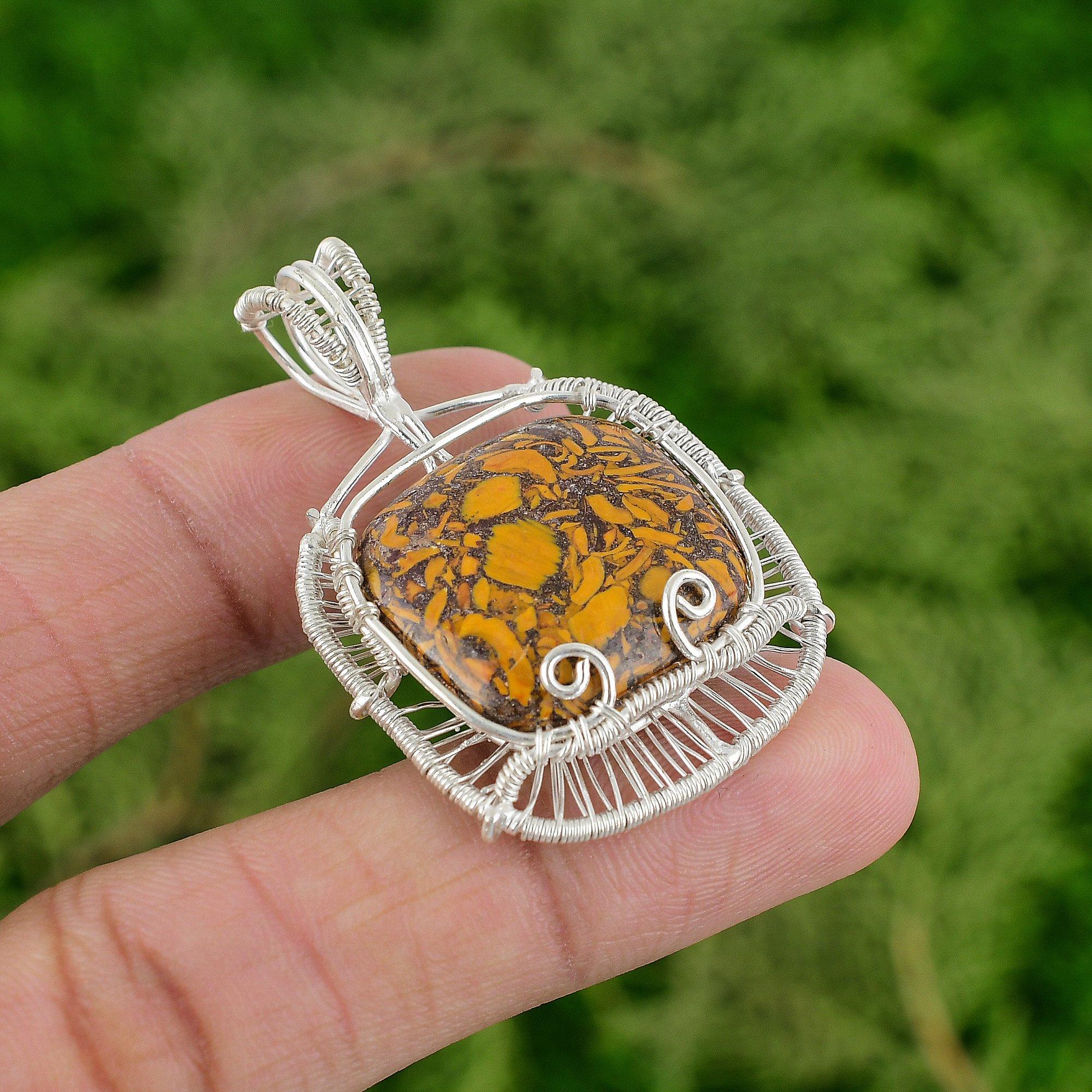 

925 Sterling Silver Mariam Jasper Stone Wire Wrapping Engagement Wedding Pendant