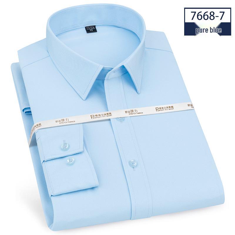 High Elasticity Non-Iron Slim Fit Men's Long Sleeve White Collar Business Casual Shirt with Pocket for Spring and Autumn.