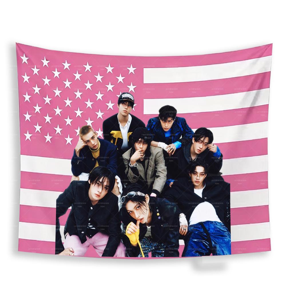 SKZ Pink American Flag Music Tapestry HD Print Polyester Wall Hanging for Bedroom Dorm Concert Fan Gift 74x94cm(29x37in)