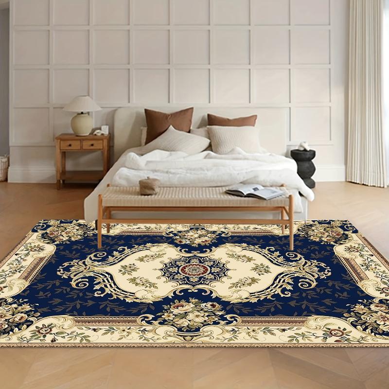 European Vintage Blue Rugs Bedroom Decor Home Carpets for Living Room Gold Flower Pattern Carpet Elegant Navy Floor Mat Gift Rug