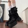 Vintage Platform Thick Bottom Women Ankle Boots Fashion Belt Buckle Autumn Winter Female Slip On Short Booties