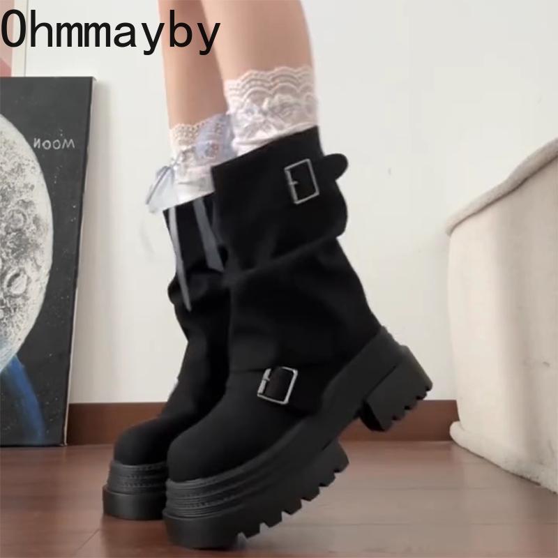Vintage Platform Thick Bottom Women Ankle Boots Fashion Belt Buckle Autumn Winter Female Slip On Short Booties