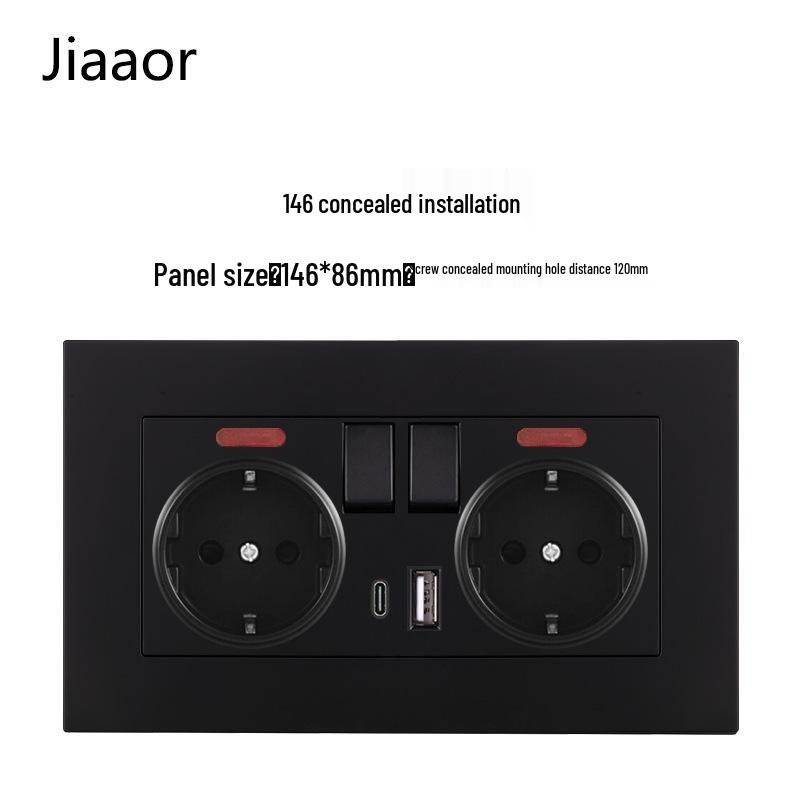 16A Black European Double Gang German-Style Switch & USB/Type-C Socket for Concealed Installation