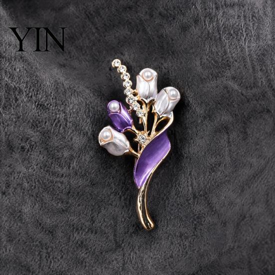 Elegant Alloy Jewelry Faux Pearl Tulip Brooch for Women, Bling Rhinestone Flower Decorative Shirt Brooches Lapel Pin, Dainty Clothing Wedding